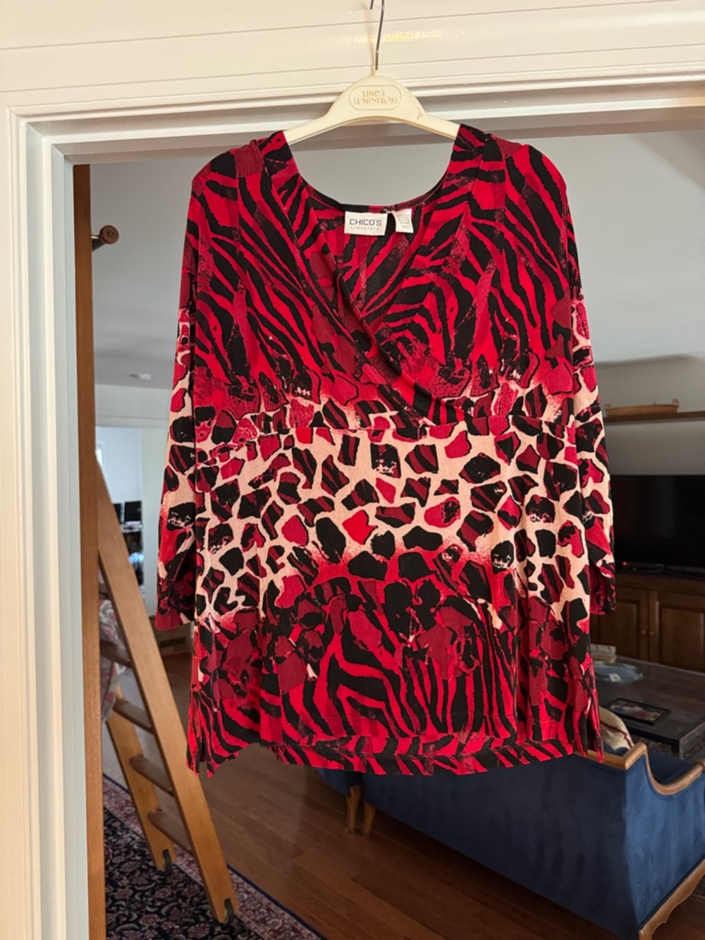 Chico's Red, Black & Cream Animal-Print Tunic Top